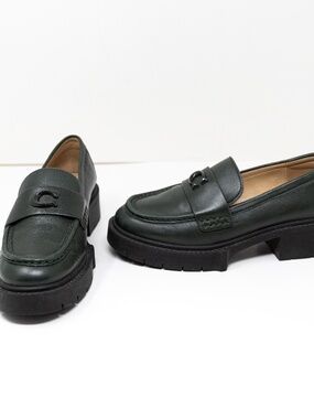 NEW Coach Leah Genuine Leather Lug Sole Slip On Loafers Flats Shoes Green 5.5